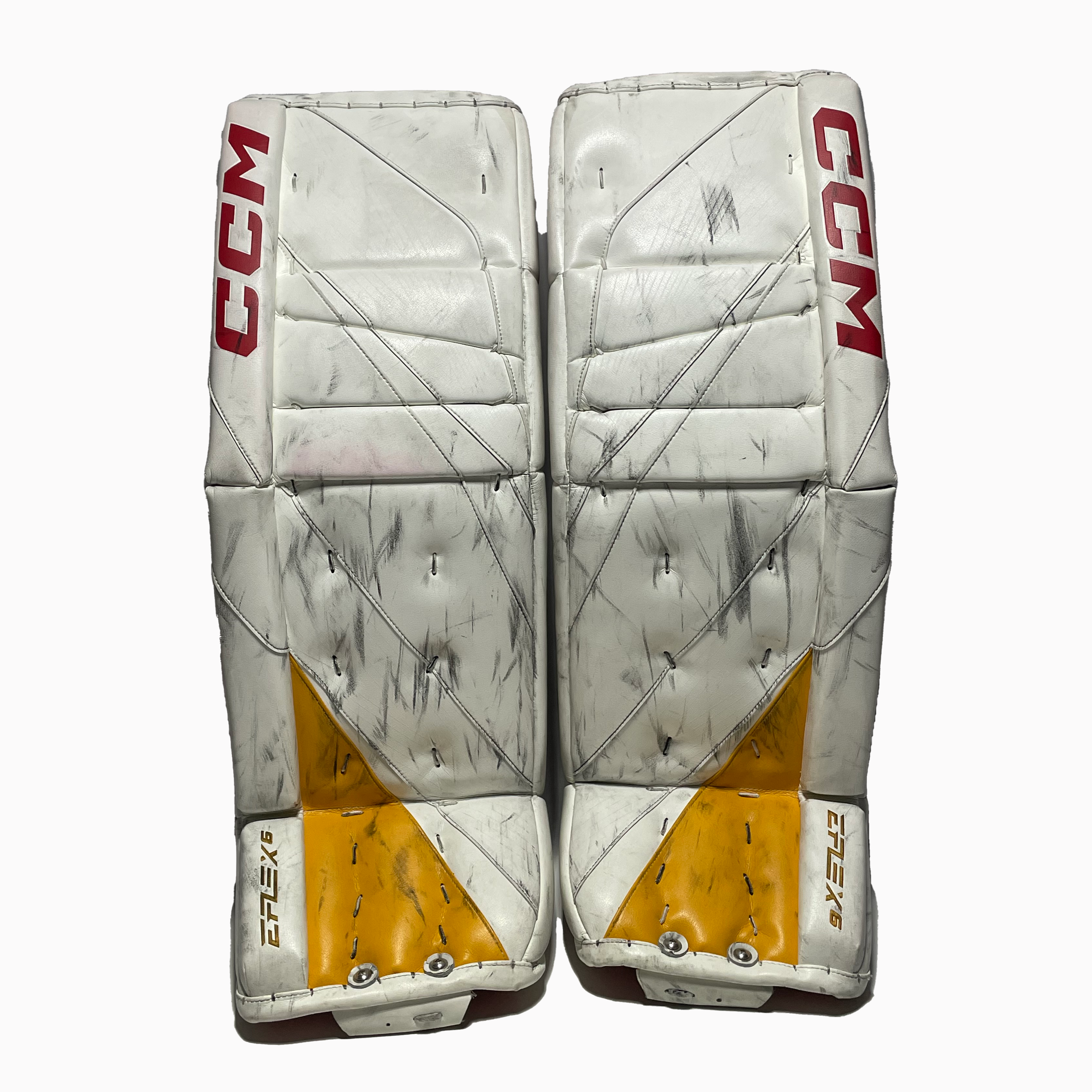 CCM Extreme Flex 6 - Jambières de gardien de but Pro Stock d'occasion (blanc/jaune/rouge)